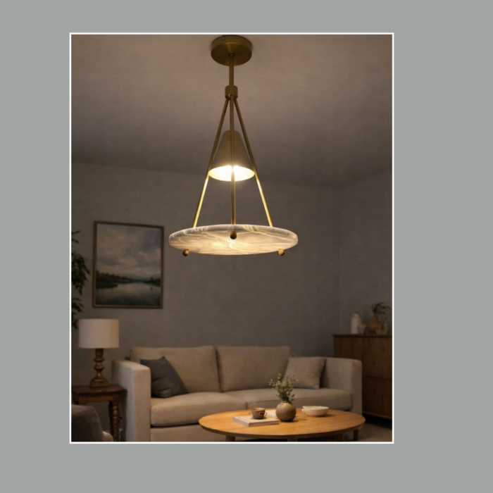 Modern Brass Pendant Light with Marble Disc – 30cm