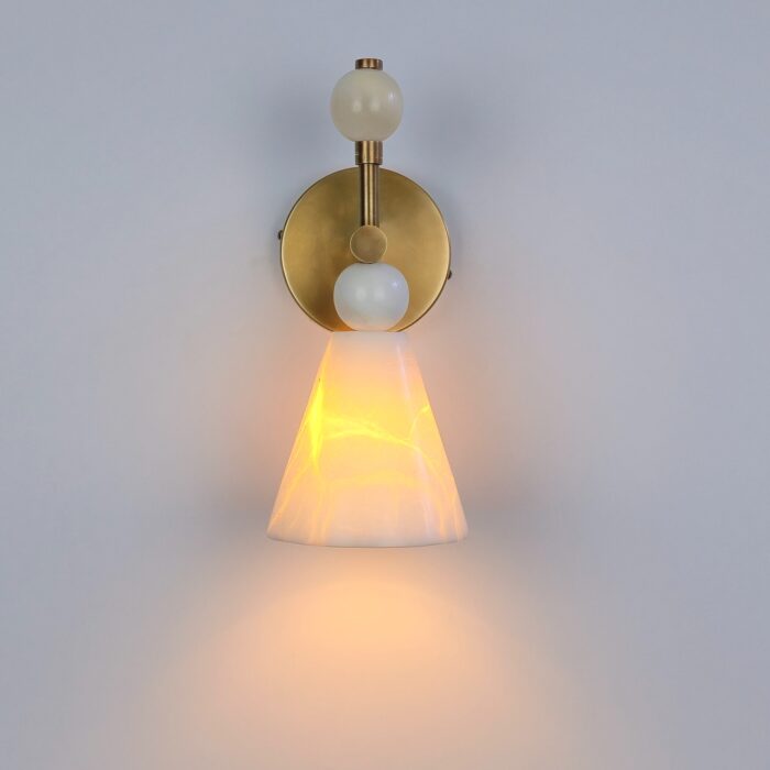 Luxury Alabaster Wall Light, wall sconce featuring a polished brass mount and a natural glowing alabaster stone cone shade.