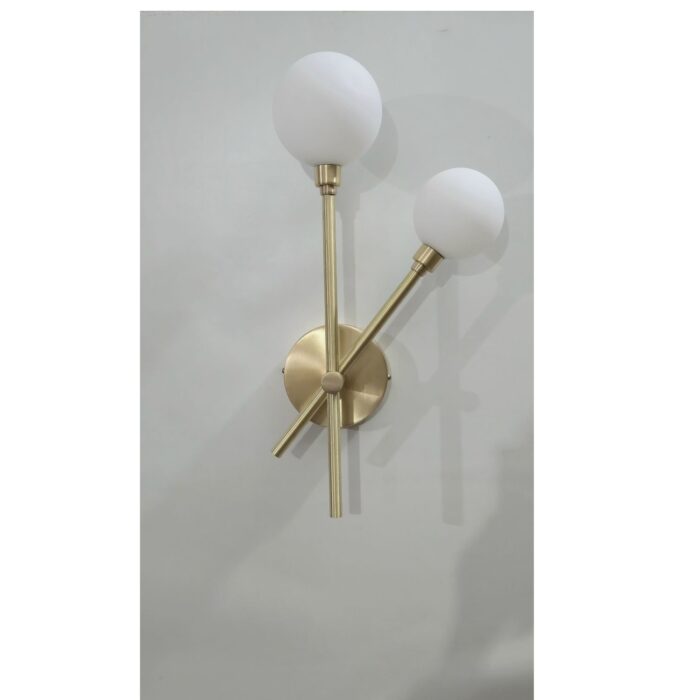 Alpha-WL-06 Double Globe Wall Light with brass finish and white glass globes, modern luxury wall sconce for bedroom and living room