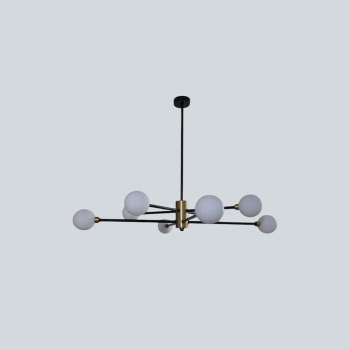 Modern black and gold sputnik Handmade Eight Globe chandelier, with frosted glass globe lights.