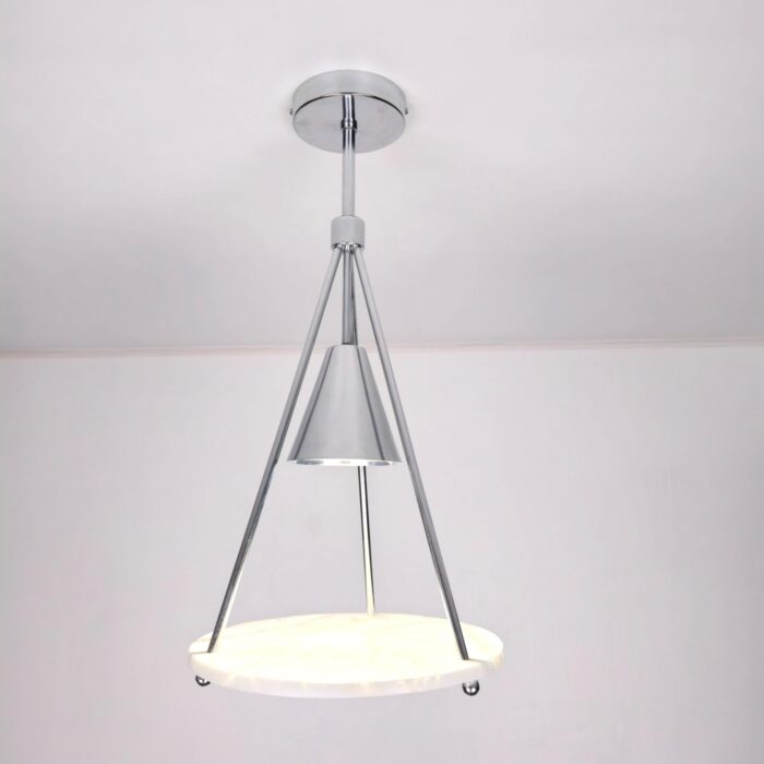 Luxury Chandelier Lighting, Modern silver pendant light with a cone shade and geometric tripod frame.