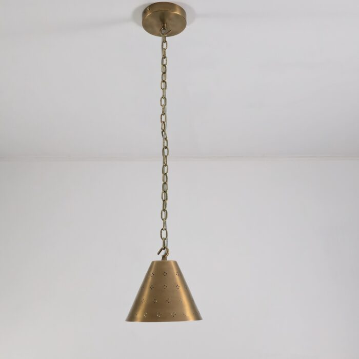 Modern Pendant light Elegant brass pendant light with a minimalist cone-shaped shade, suspended by a sturdy chain. Perfect for adding a warm and modern touch to dining spaces, kitchens, or entryways.