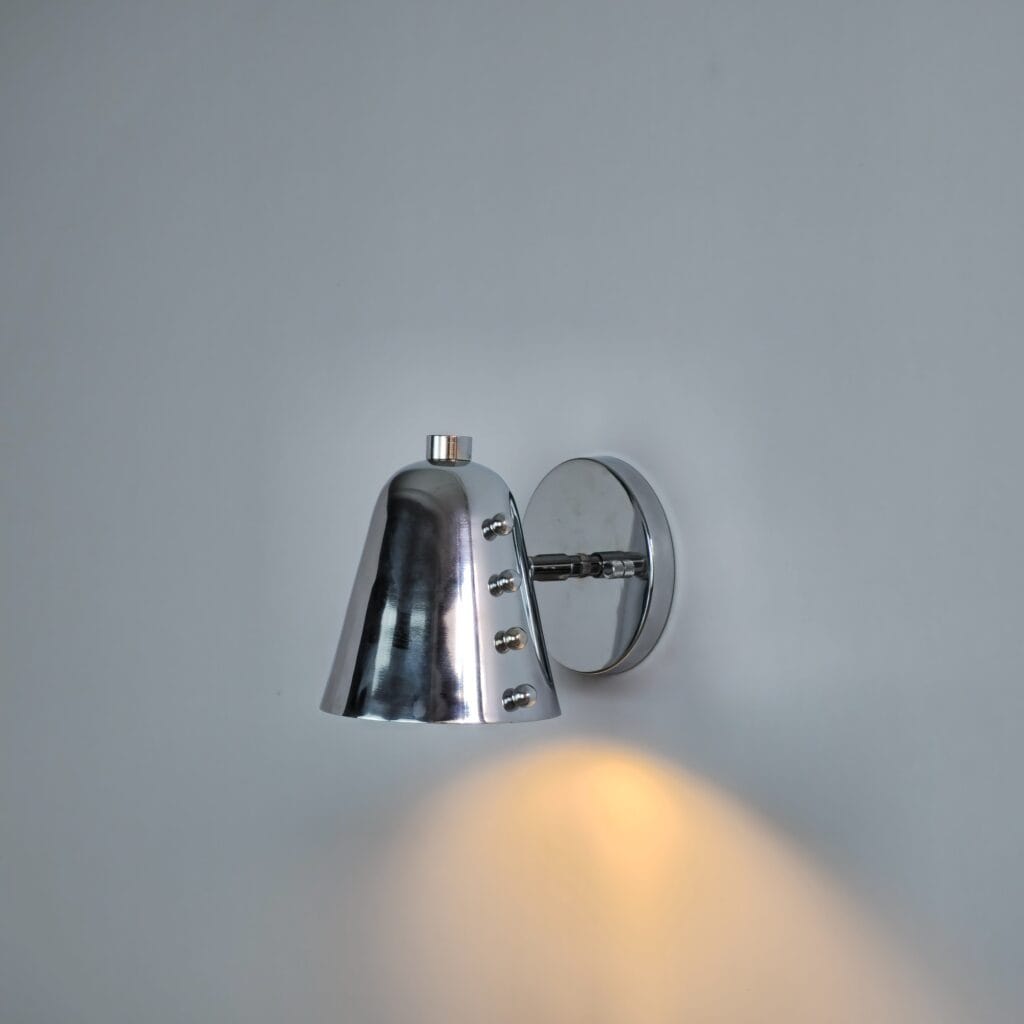 Contemporary Chrome Finish Wall Light - Riveted Bell Shade